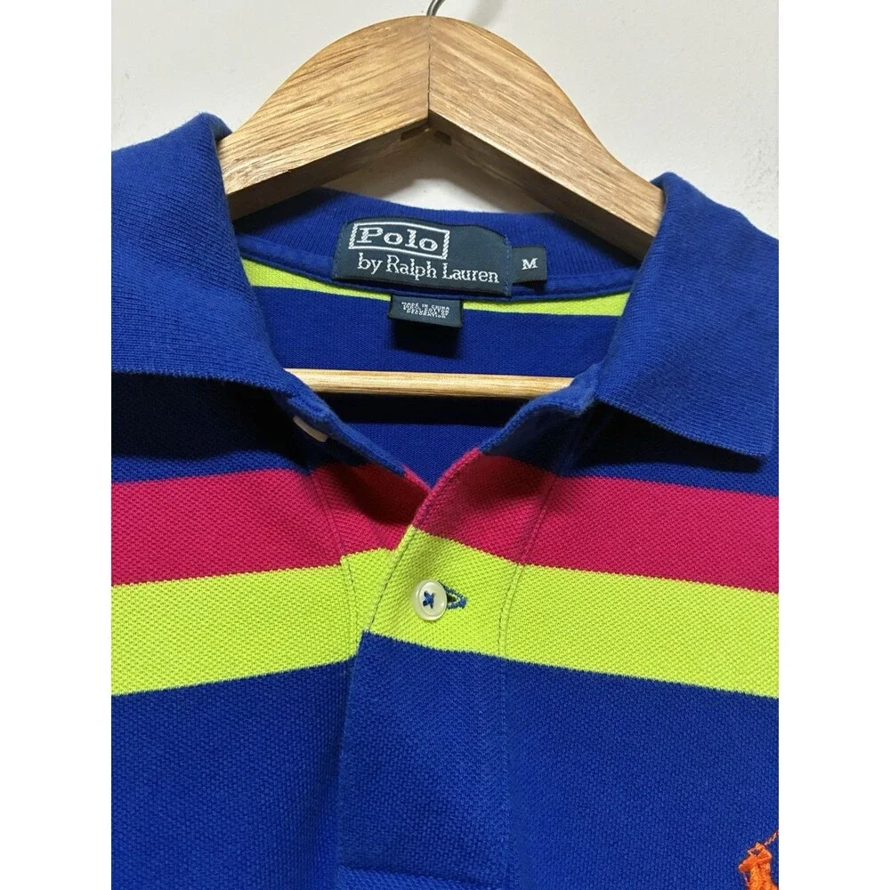 Polo Ralph Lauren Men’s Medium Polo Blue With Bright Red And Yellow Stripes